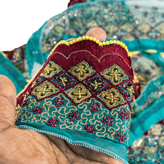 SANSKRITI VINTAGE SARI BORDER HAND BEADED CRAFT 1 YD TRIMS LACE 2'W GREEN MAROON