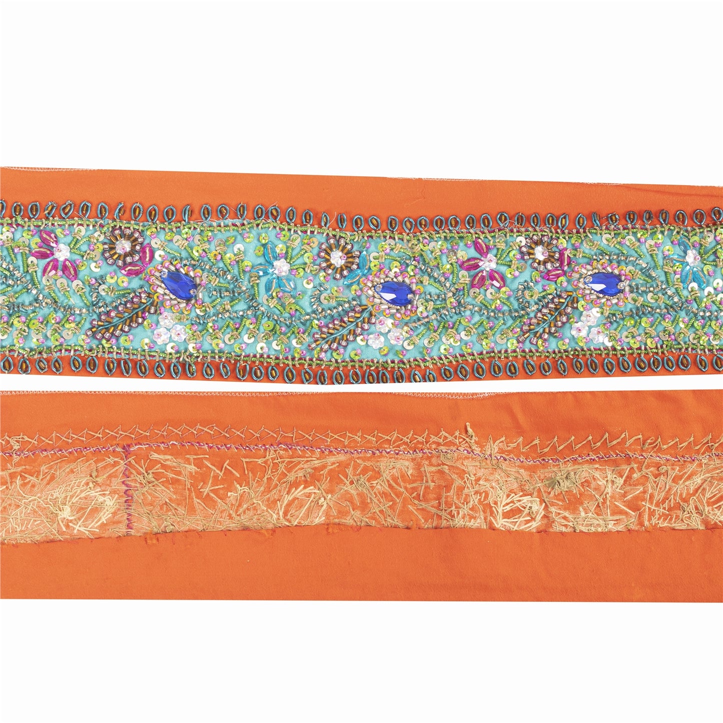 SANSKRITI VINTAGE SARI BORDER HAND BEADED CRAFT 1YD TRIMS LACE 3'W GREEN ORANGE
