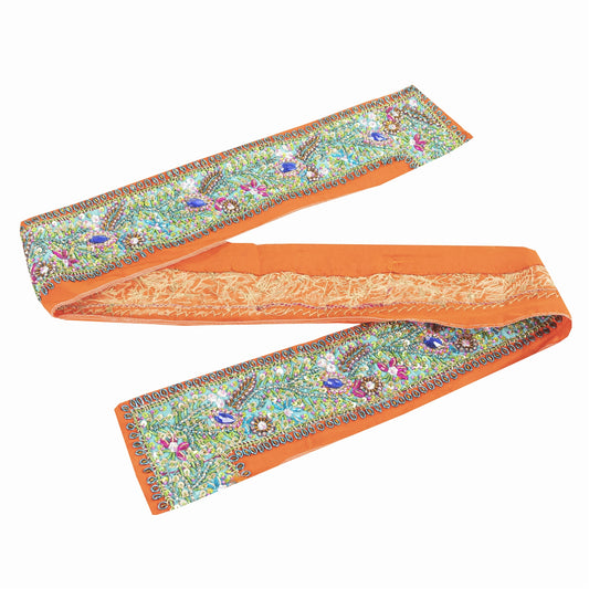 SANSKRITI VINTAGE SARI BORDER HAND BEADED CRAFT 1YD TRIMS LACE 3'W GREEN ORANGE
