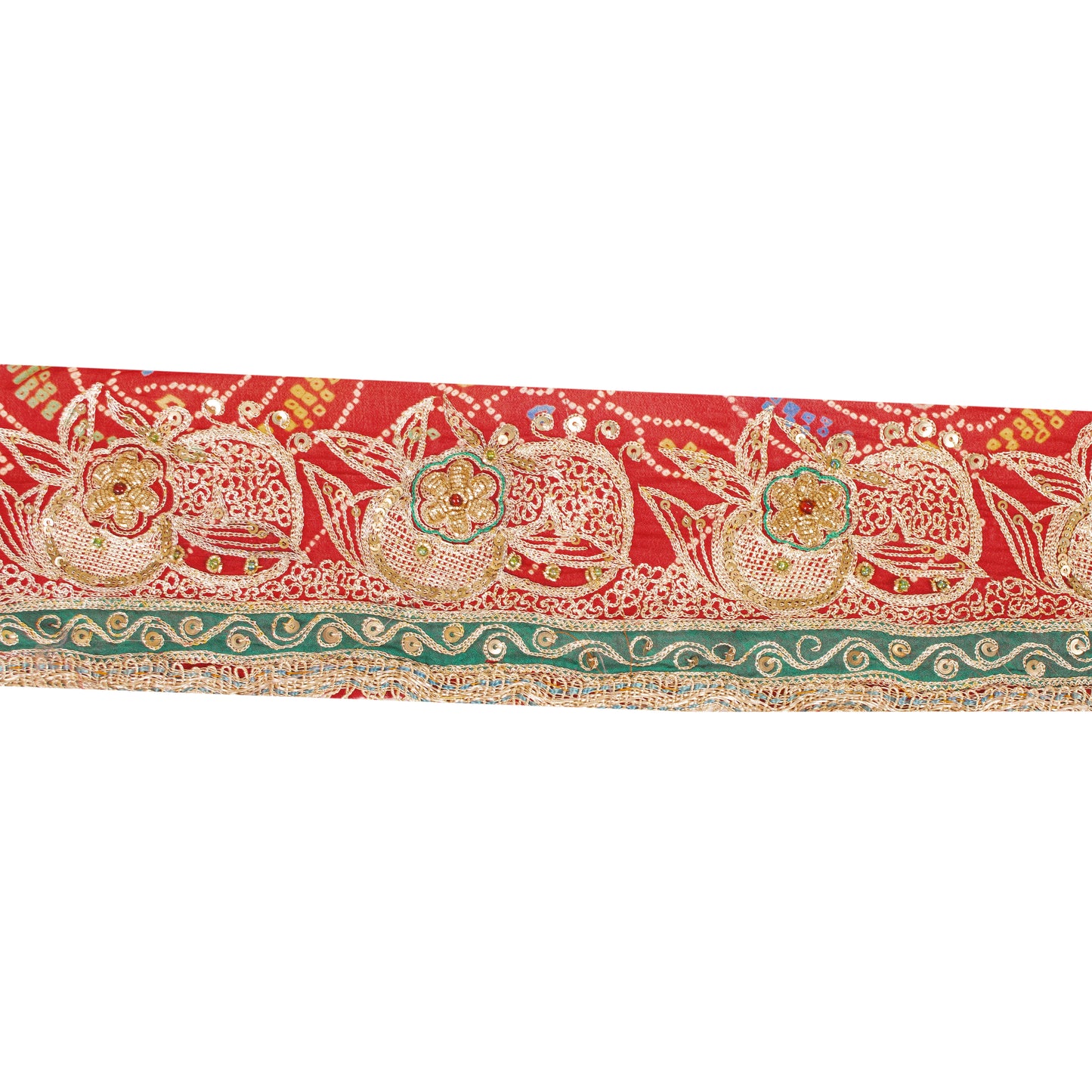 Sanskriti Vintage Craft Trims Lace Sari 1YD Border Red Bandhani Hand Bead Dabka