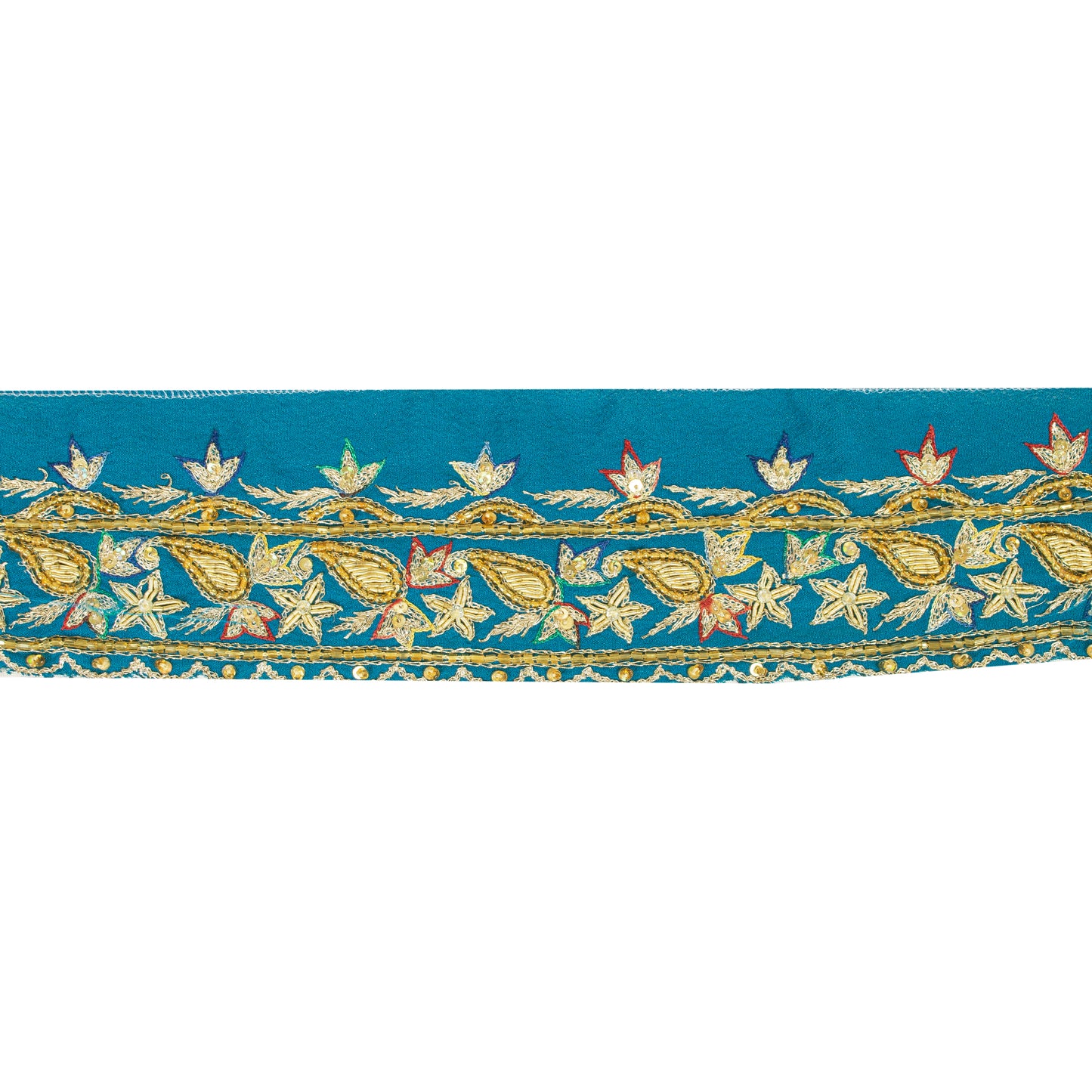 Sanskriti Vintage Sari Border 1 YD Craft Blue Trim Hand Bead Sewing Lace Ribbon