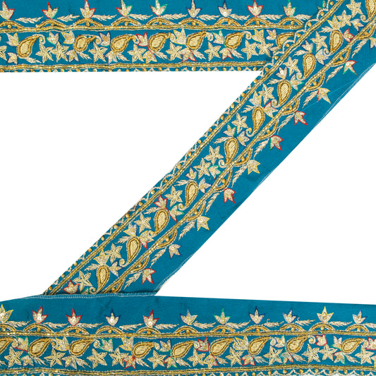 Sanskriti Vintage Sari Border 1 YD Craft Blue Trim Hand Bead Sewing Lace Ribbon