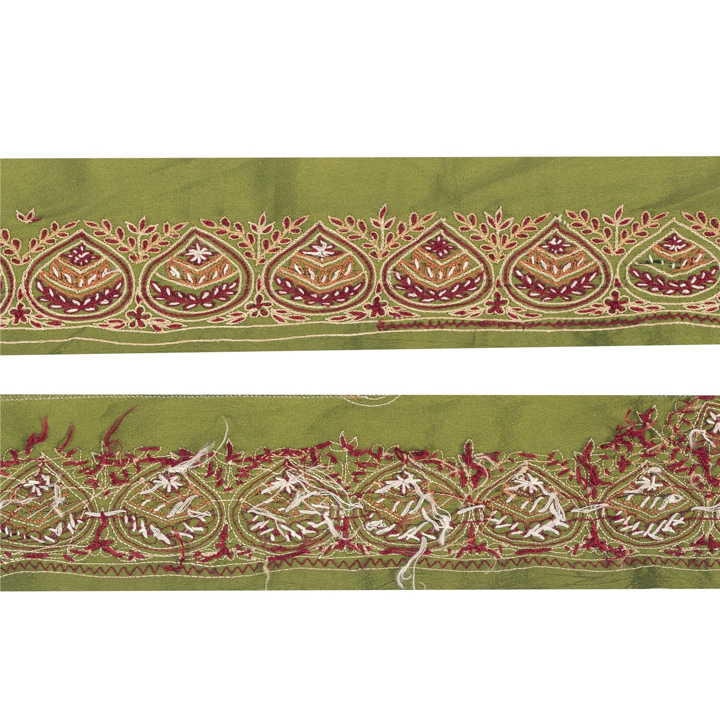 Sanskriti Vintage Sari Border Hand Embroidery 1YD Craft Trim Green Silk Lace 2"W