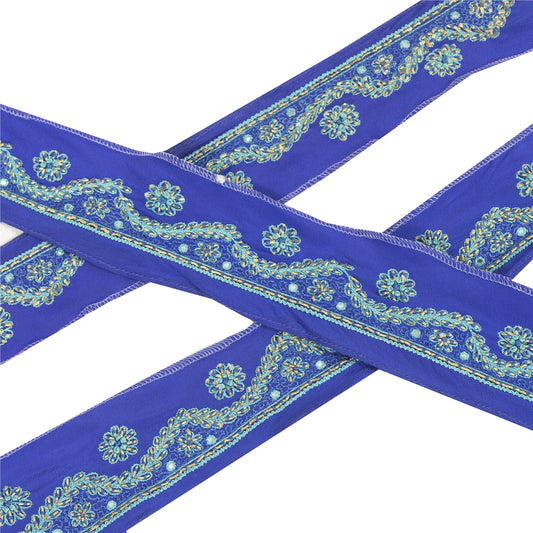 Sanskriti Vintage Sari Border Hand Embroidered Zardozi 1 YD Craft Trim Blue Lace