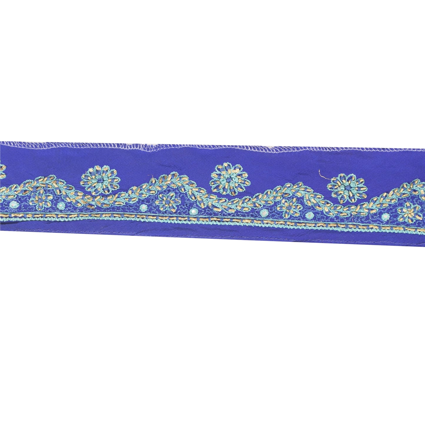 Sanskriti Vintage Sari Border Hand Embroidered Zardozi 1 YD Craft Trim Blue Lace