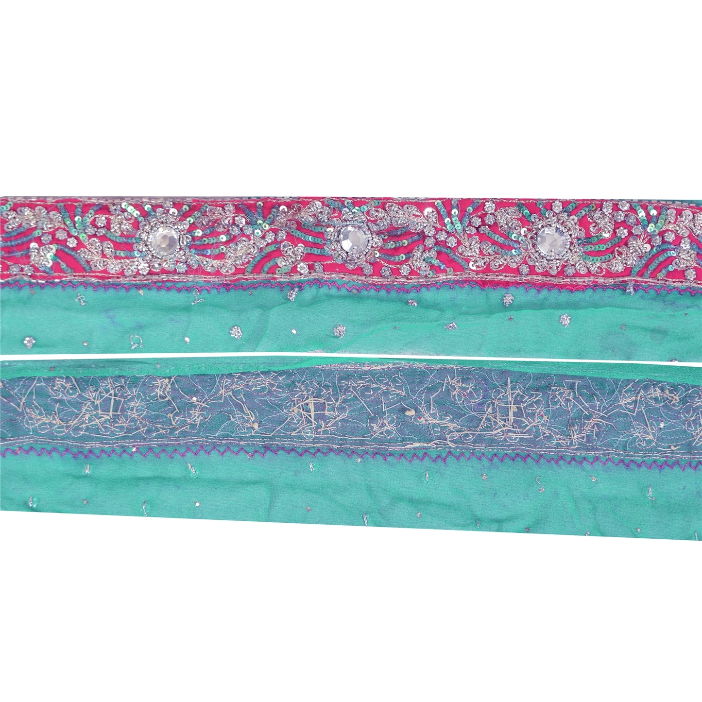 SANSKRITI VINTAGE SAREE BORDER HAND BEADED 1YD TRIMS SEQUINS LACE 2W SEA GREEN