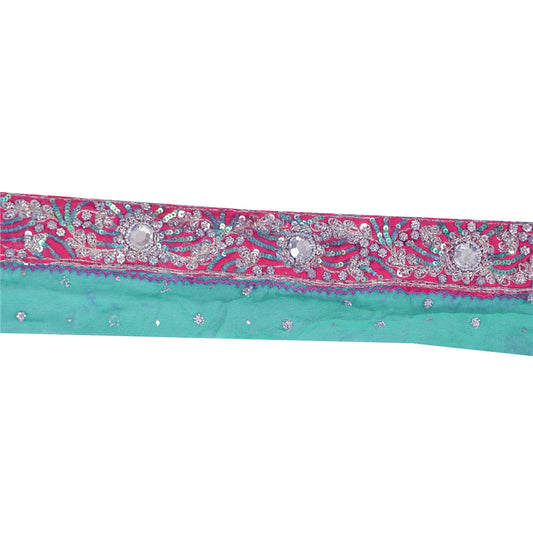 SANSKRITI VINTAGE SAREE BORDER HAND BEADED 1YD TRIMS SEQUINS LACE 2W SEA GREEN