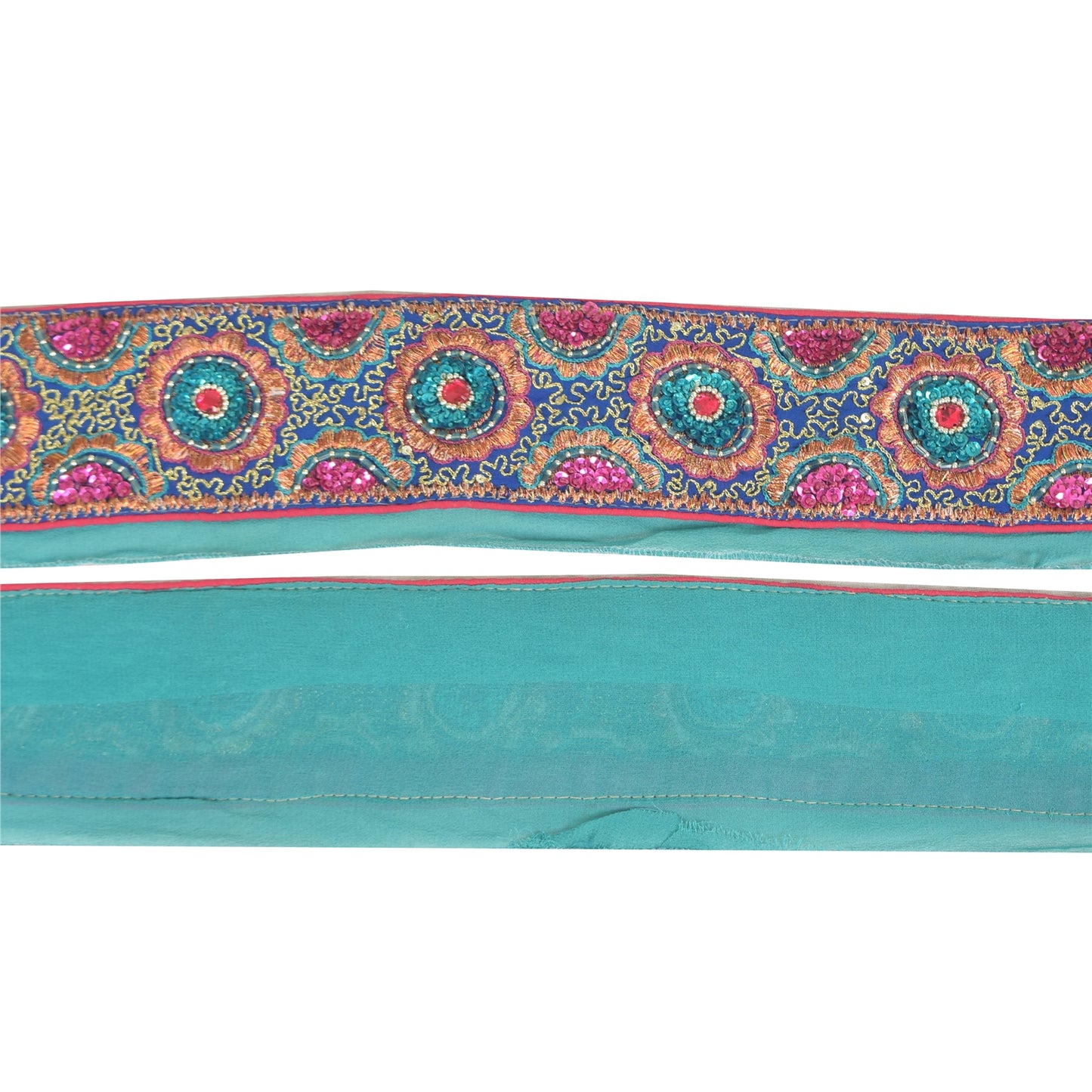 SANSKRITI VINTAGE SAREE BORDER HAND BEADED 1YD TRIMS LACE 2.2W INDIAN SKY BLUE