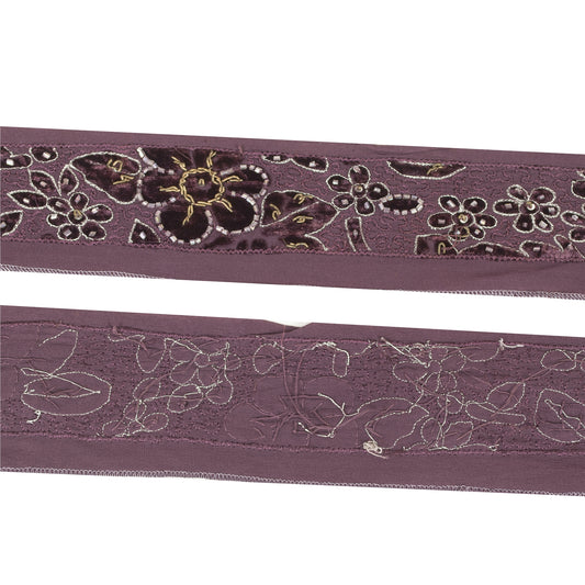 Sanskriti Vintage Sari Border Hand Beaded Zardozi 1 YD Craft Trim Purple Lace