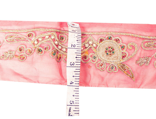 SANSKRITI VINTAGE SAREE BORDER HAND BEADED 1YD TRIM PATCH WORK LACE 2.5W PINK