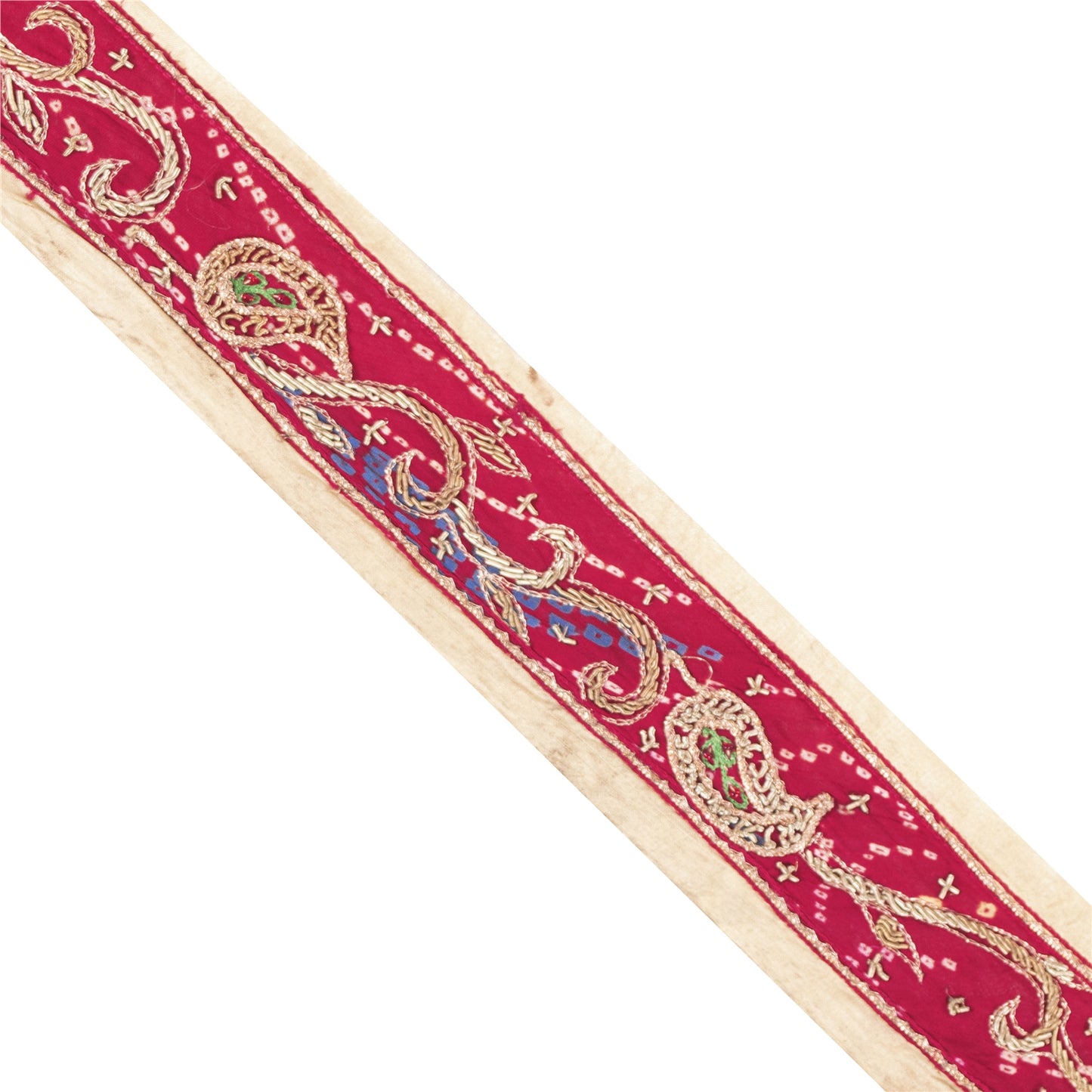 Sanskriti Vintage Sari Border Hand Bead Bandhani Red Zari Zardozi 1 YD Trim Lace