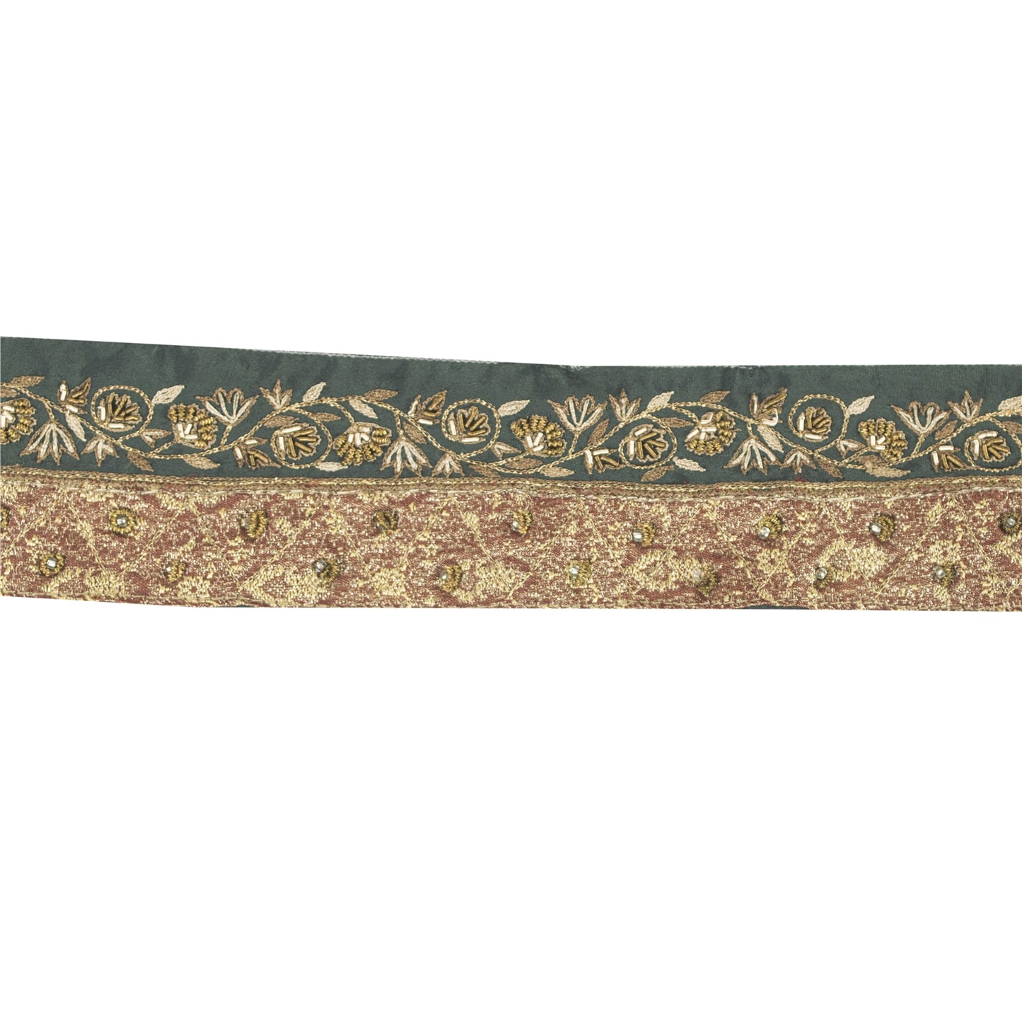 Sanskriti Vintage Sari Border Hand Beaded Zari Zardozi 1YD Craft Trim Green Lace