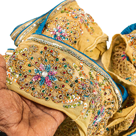 SANSKRITI VINTAGE SAREE BORDER HAND BEADED 1YD TRIMS DECOR LACE 3.5W GREEN