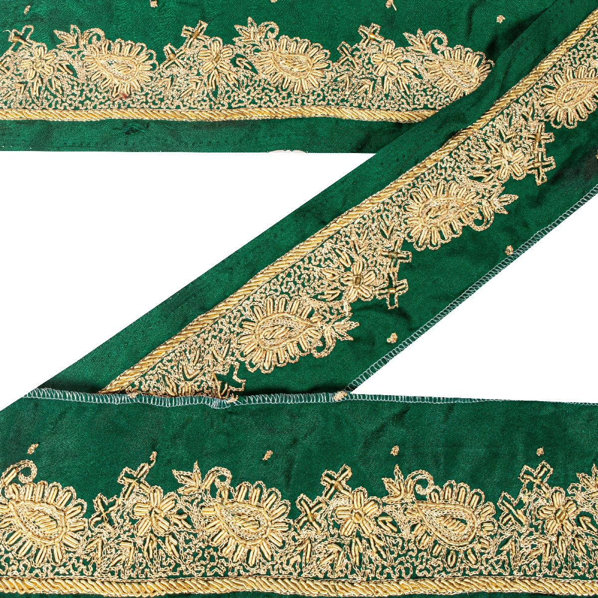 Sanskriti Vintage Green Satin Silk 3 YD Sari Border Hand Embroidered Zari Trim