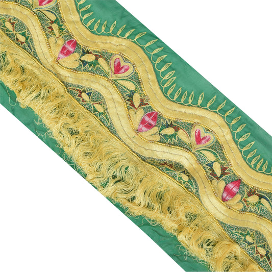 SANSKRITI VINTAGE SAREE BORDER HAND BEADED 1YD TRIMS DECOR LACE 5.5W GREEN