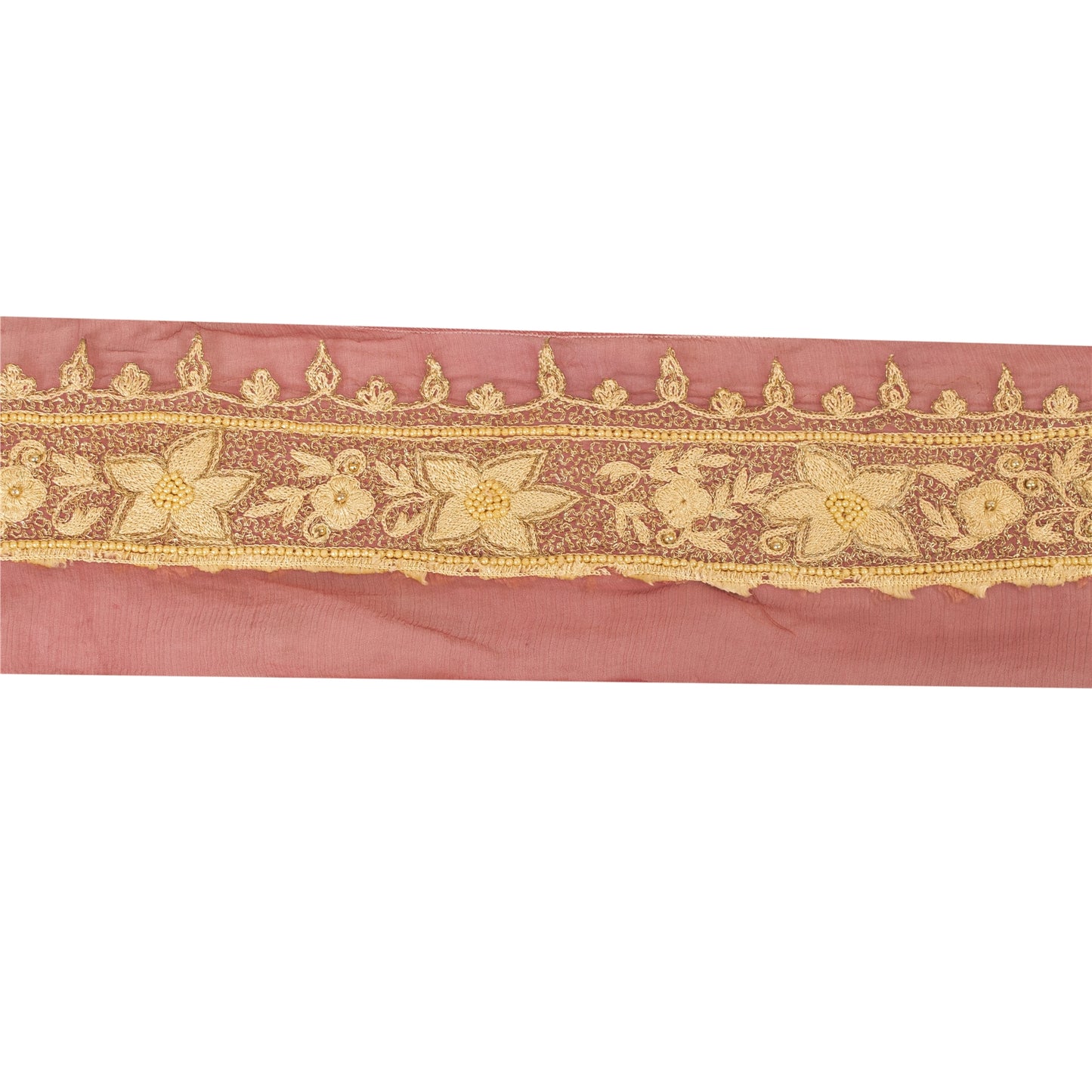 Sanskriti Vintage Sari Border Hand Beaded Zari Craft 1 YD Trims 2W Peach Lace