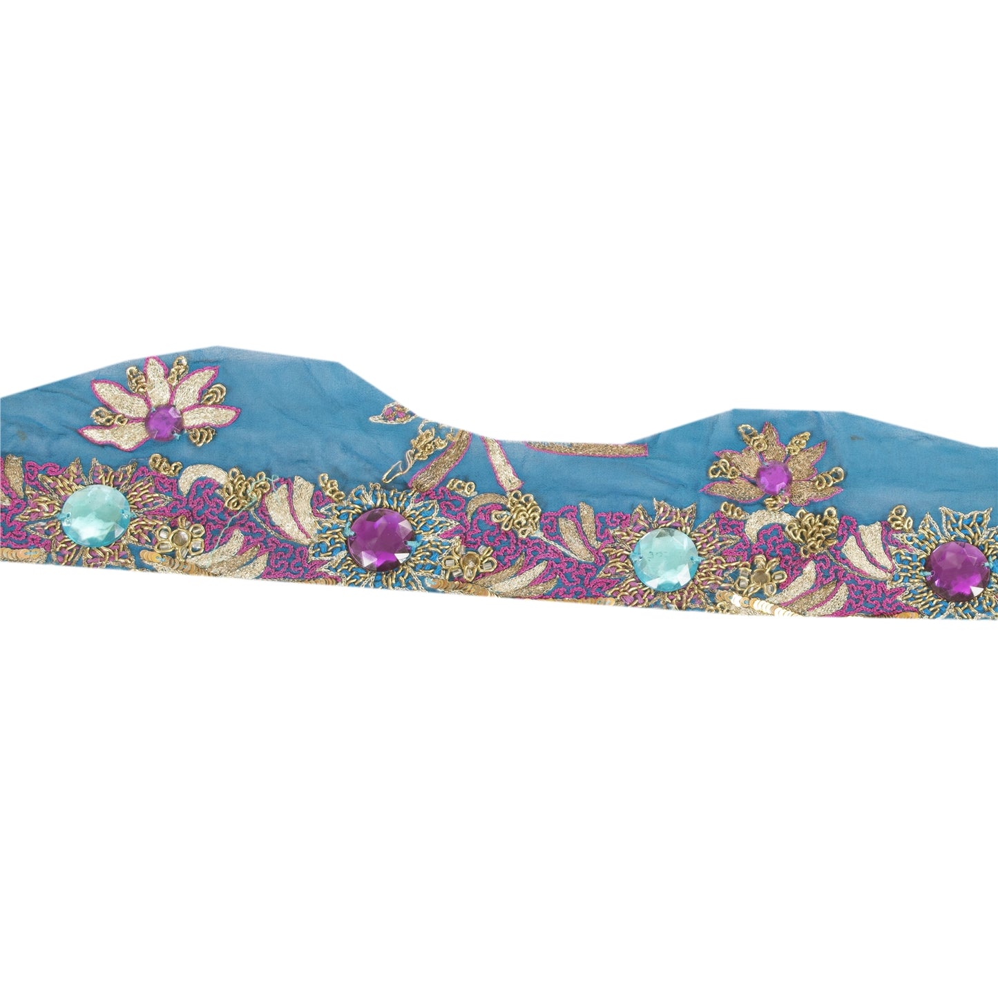 SANSKRITI VINTAGE SAREE BORDER HAND BEADED CRAFT 1 YD LACE 3W FLORAL BLUE