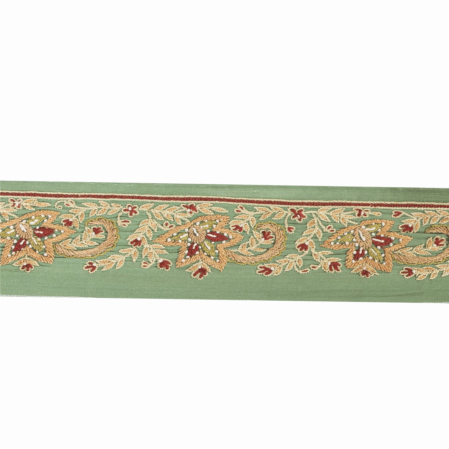 SANSKRITI VINTAGE SAREE BORDER HAND EMBROIDERED 1YD TRIMS LACE 2W GREEN