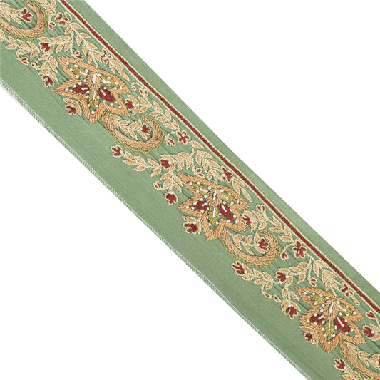 SANSKRITI VINTAGE SAREE BORDER HAND EMBROIDERED 1YD TRIMS LACE 2W GREEN