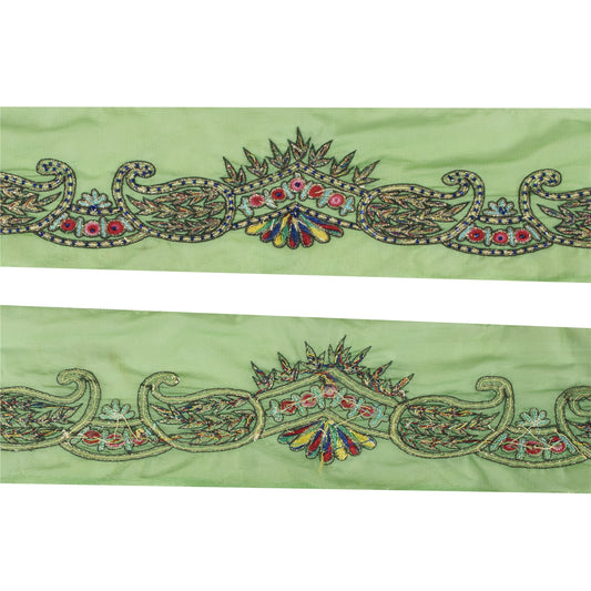 Sanskriti Vintage Saree Border Indian Hand Beaded 1Yd Craft Paisley Green Trim
