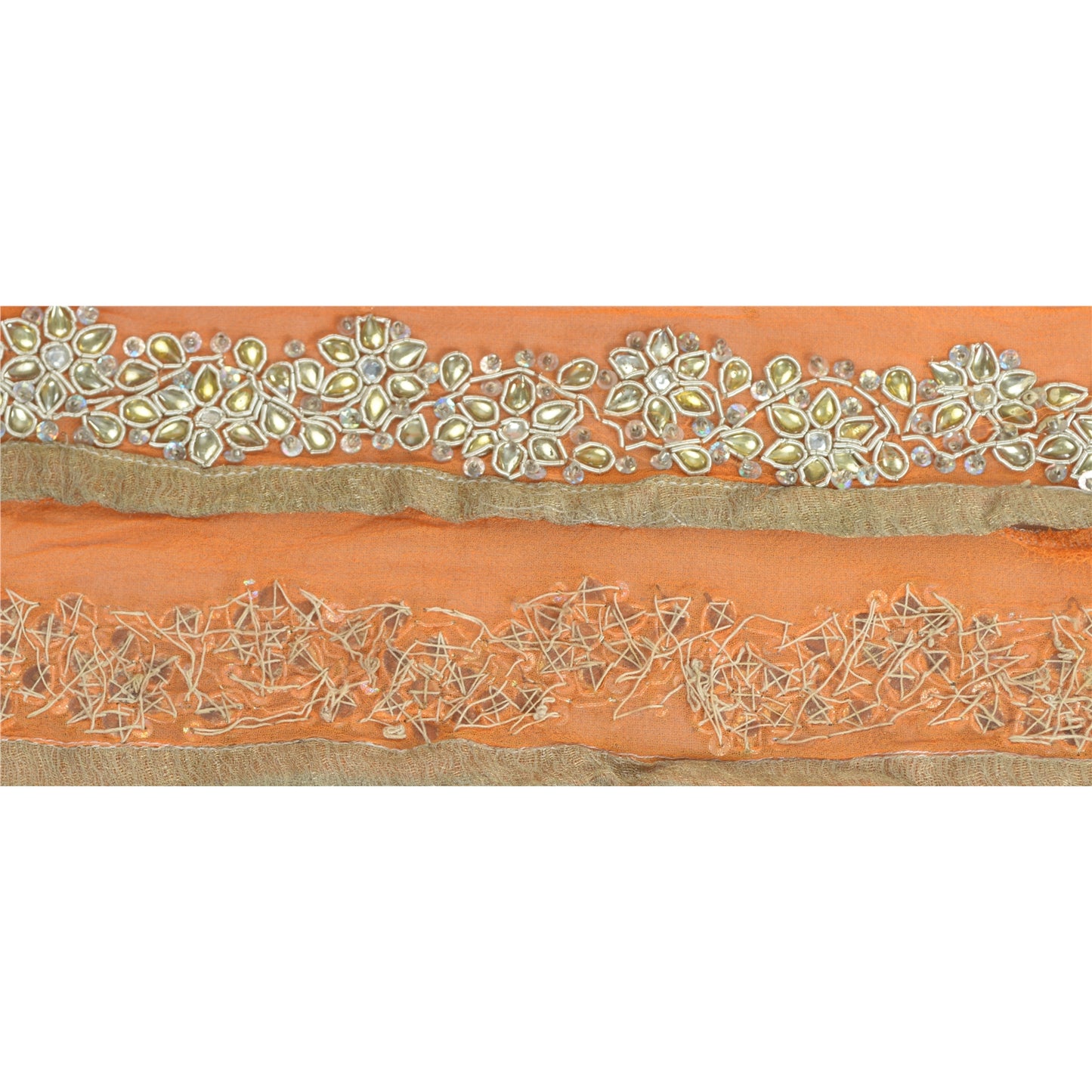 Sanskriti Vintage Sari Border Hand Beaded Craft 1 Yd Sewing Orange Trims Lace