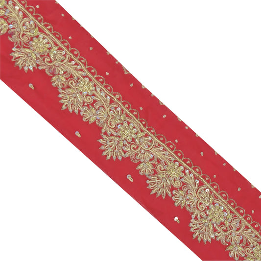 SANSKRITI VINTAGE SAREE BORDER HAND BEADED CRAFT 1YD TRIMS DECOR LACE 2W RED