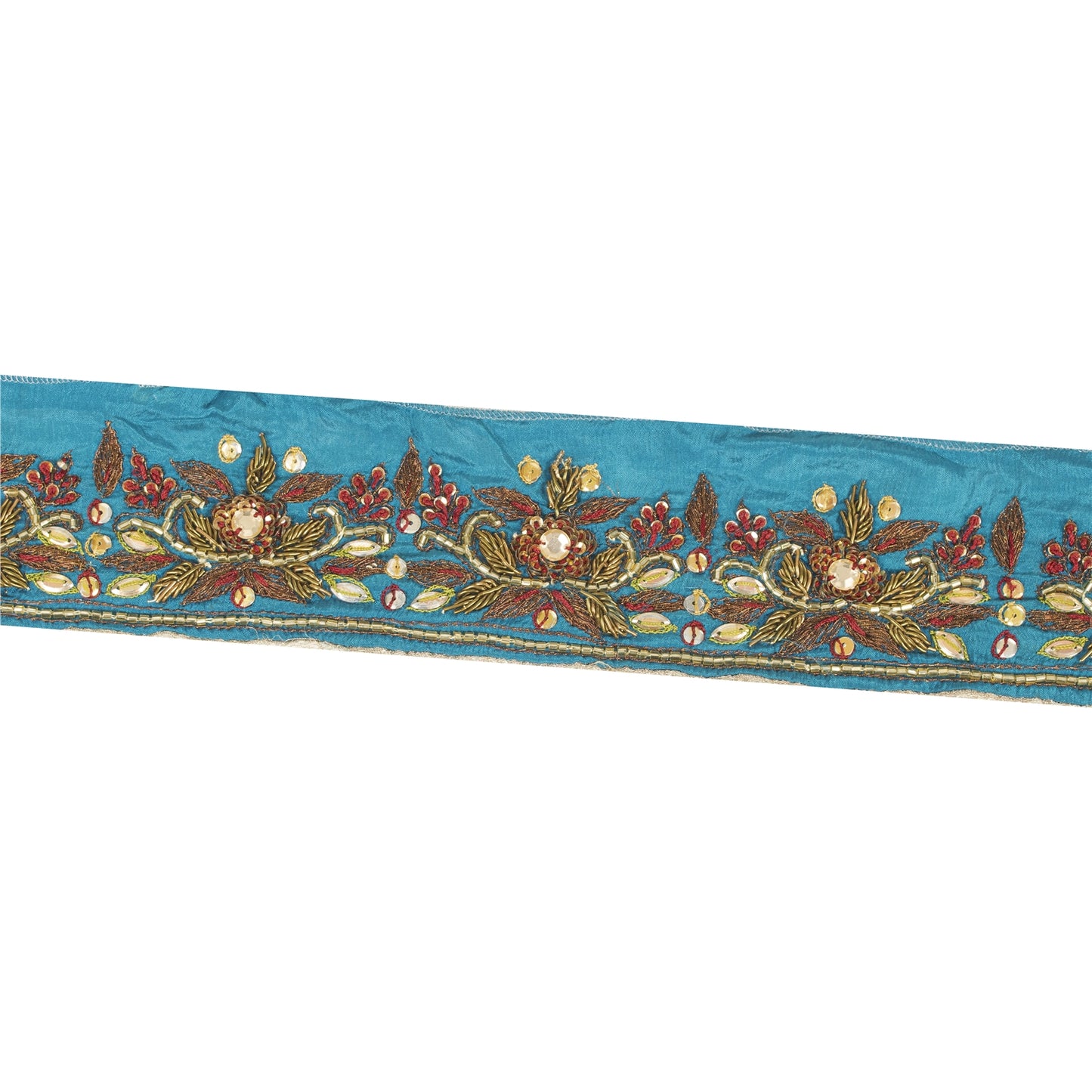 Sanskriti Vintage Sari Border Hand Beaded Zardozi 1 YD Craft Trim Blue Silk Lace