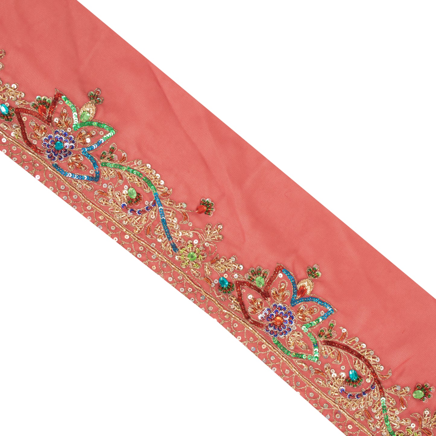 Sanskriti Vintage Sari Border Hand Beaded Sequins 1 YD Craft Trim Peach 5.2"Lace