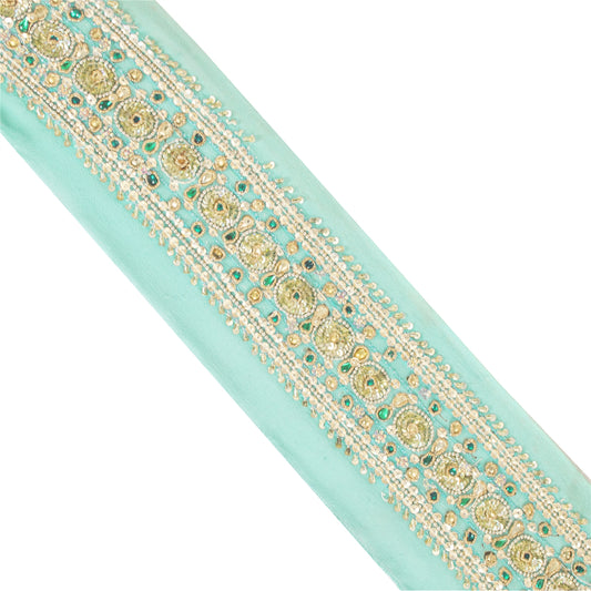 SANSKRITI VINTAGE SAREE BORDER HAND BEADED CRAFT TRIMS 1YD LACE 2.5W SEA GREEN