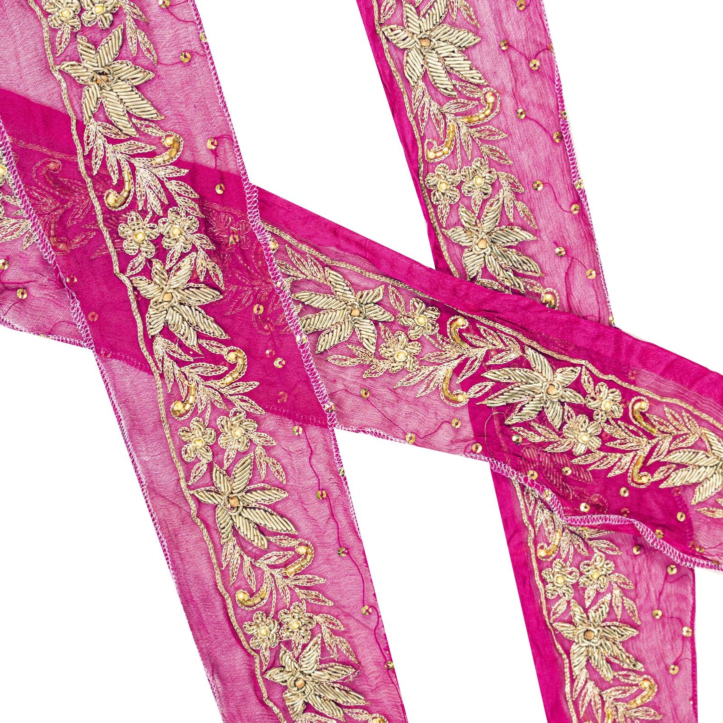 Sanskriti Vintage Pink Pure Chiffon 1 YD Sari Border Hand Embroidered Trim Lace