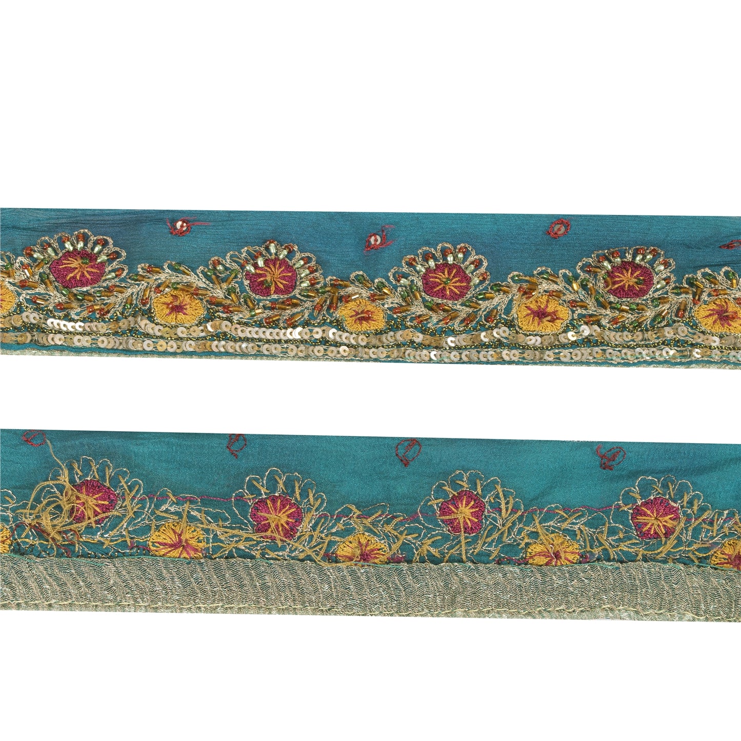 Sanskriti Vintage Sari Border Hand Bead 1 YD Craft Trim Blue Pure Silk 2.2W Lace