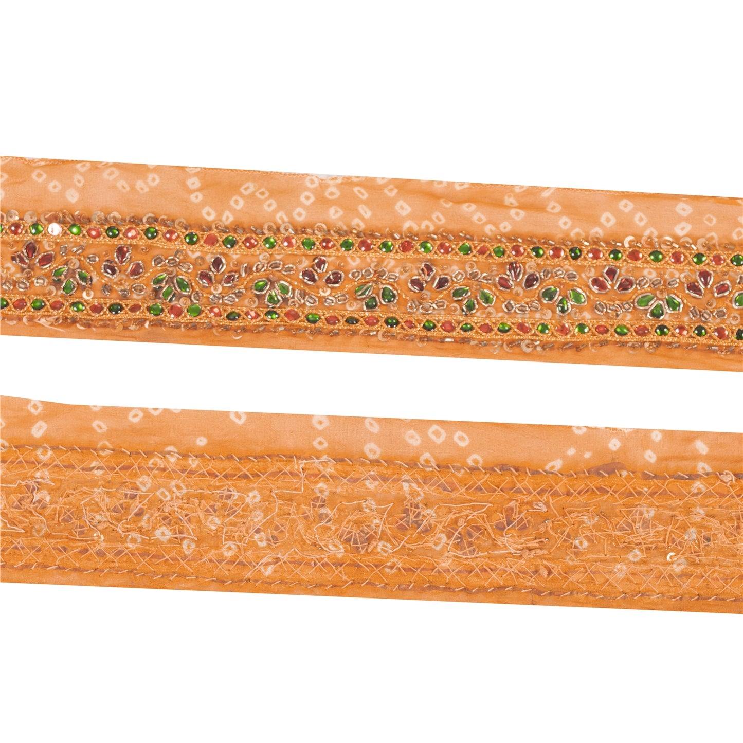 Sanskriti Vintage Saree Border Hand Bead Zari Bandhani 1yd Trims Lace 2W Saffron