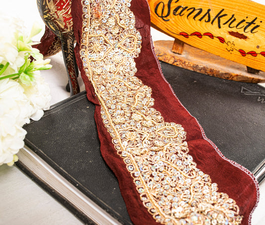 Sanskriti Vintage Saree Border Brown 1Yd 2W Hand Beaded Zari Zardozi Dabka Craft Saree Trims Pure Crepe Silk Lace Ribbon-Embellishment