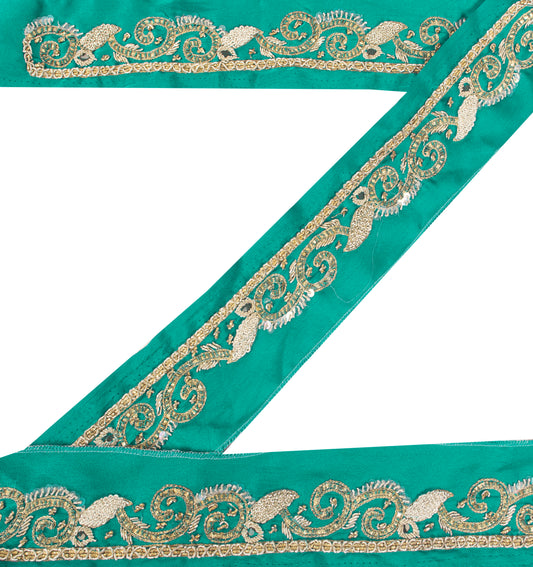Sanskriti Vintage Saree Border Hand Beaded Zari 1yd Trims Indian Ribbon Green