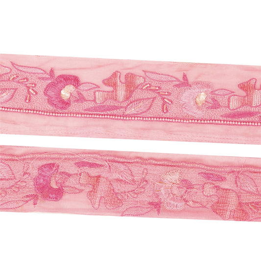 Sanskriti Vintage Saree Border Hand Beaded Craft Trims 1 YD Pure Silk Pink Lace