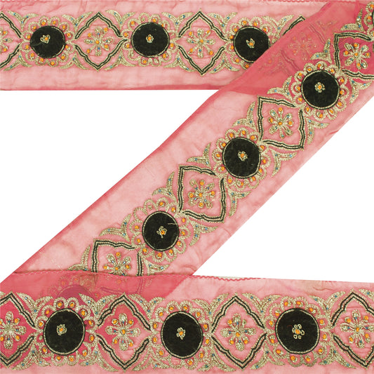 Sanskriti Vintage Sari Border Hand Beaded Zari Zardozi Craft 1yd Trims Lace Pink