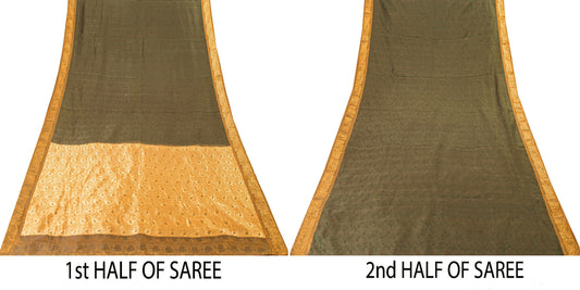 Sanskriti Vintage Dark Green & Golden Pure Silk Tanchoi Sarees Handcraft 5.5+Yd