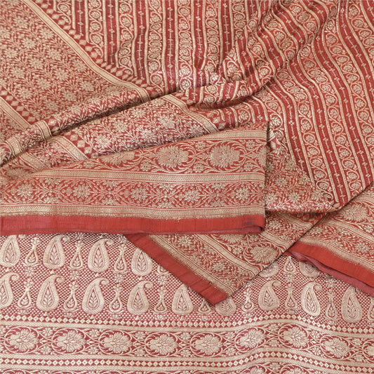 Sanskriti Vintage Red Sarees Pure Satin Silk Brocade/Banarasi Woven Fabric Sari