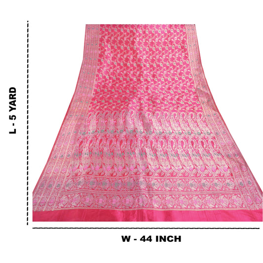 Sanskriti Vintage Indian Sarees Satin Pink Woven Brocade/Banarasi Fabric Sari