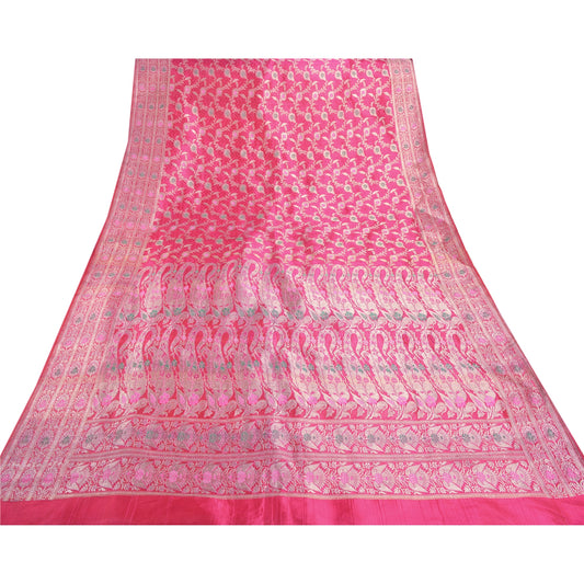 Sanskriti Vintage Indian Sarees Satin Pink Woven Brocade/Banarasi Fabric Sari