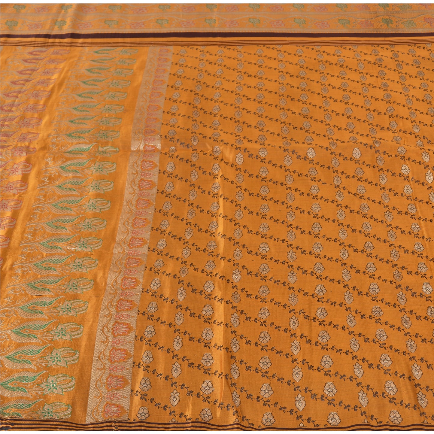 Sanskriti Vintage Mustard Sarees 100% Pure Satin Silk Woven Brocade Sari Fabric