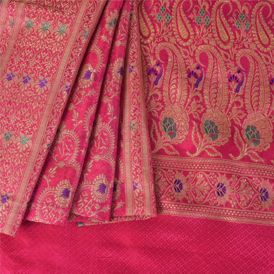 Sanskriti Vintage Pink Sarees Blend Silk Banarasi Zari Woven Brocade Sari Fabric Blouse Piece