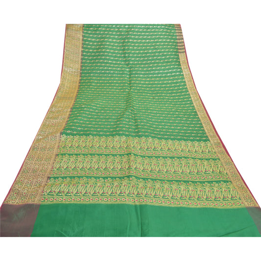 Sanskriti Vintage Green Sarees Blend Silk Brocade Banarasi Hand Woven 5 Yd Sari