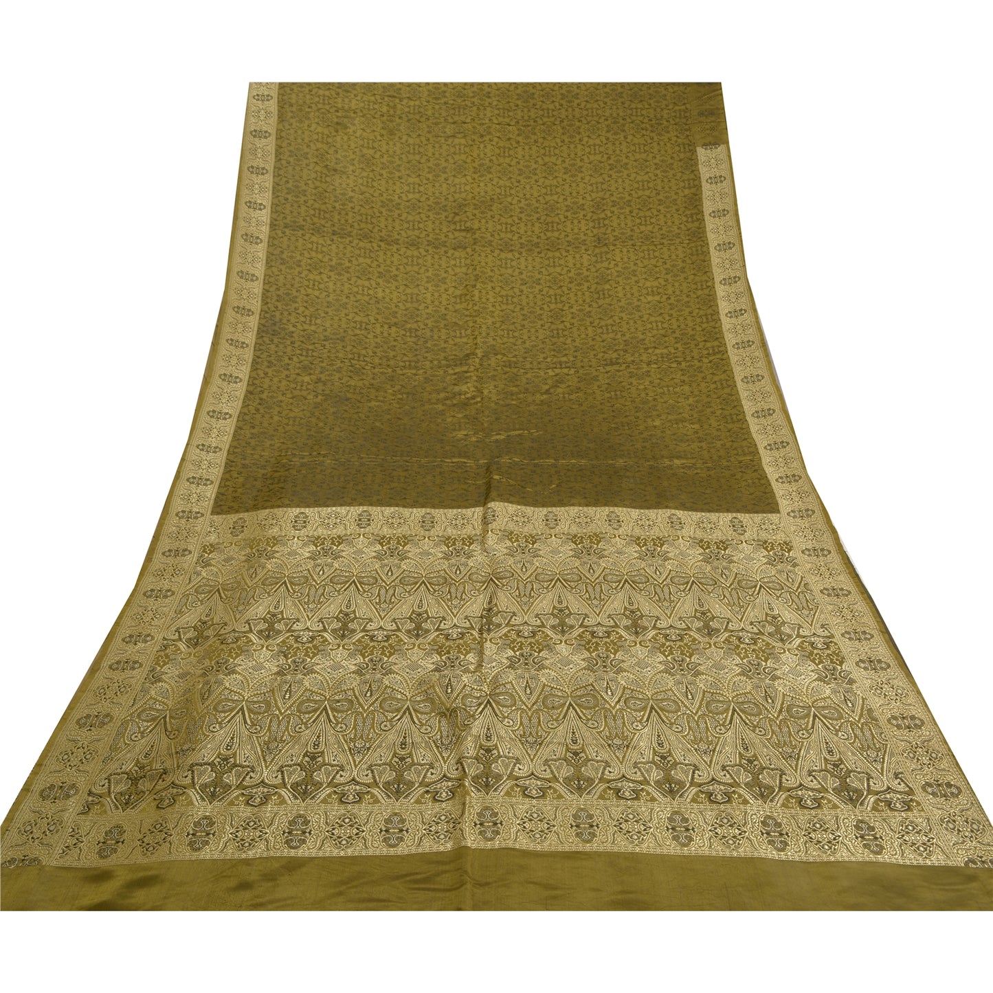 Sanskriti Vintage Green Sarees Pure Satin Silk Hand-Woven Special Sari Fabric