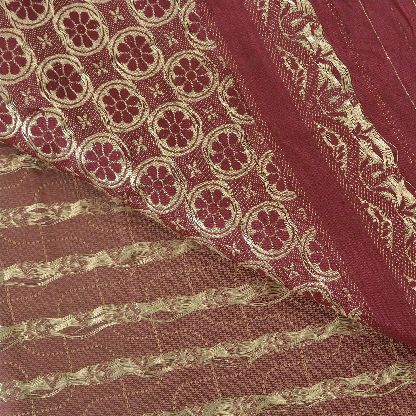Sanskriti Vintage Red Saree 100% Pure Satin Silk 4.5YD Banarasi Brocade Wedding With Unstitched Blouse Light Brown/Red Zari Hand Woven