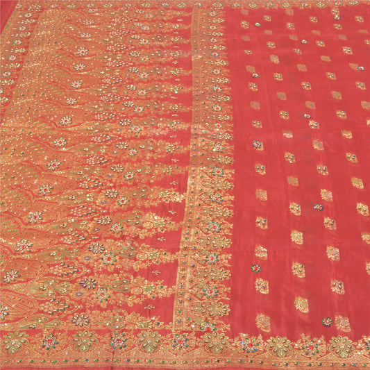 Sanskriti Vintage Red Sarees Pure Silk Beaded & Banarasi Woven Brocade 5YD Sari