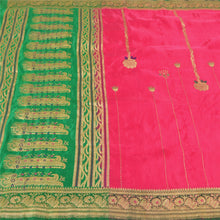 Load image into Gallery viewer, Sanskriti Vintage Pink/Green Wedding Sarees Pure Satin Silk Brocade Sari Fabric
