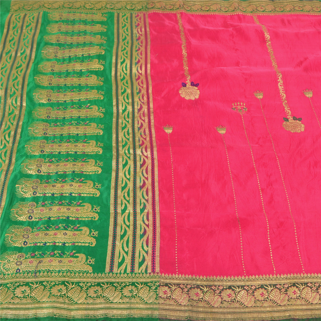 Sanskriti Vintage Pink/Green Wedding Sarees Pure Satin Silk Brocade Sari Fabric