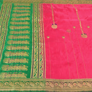 Sanskriti Vintage Pink/Green Wedding Sarees Pure Satin Silk Brocade Sari Fabric