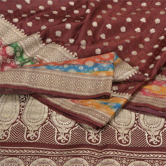 Sanskriti Vintage Dark Red Sarees Pure Satin Silk Brocade/Banarasi Sari Fabric
